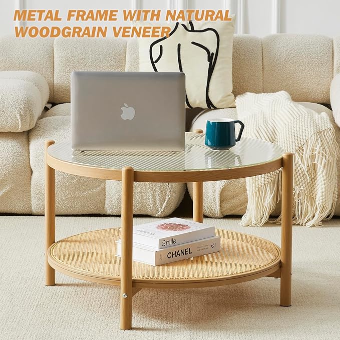 Boho Rattan Coffee Table Set of 2, Round Glass Living Room Table Set, Modern Simple 2 Tier Middle Center Table for Small Space Living Room Bedroom Office Meeting Room