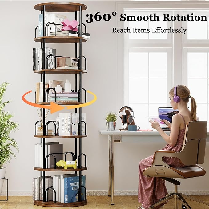 6 Tier Rotating Bookshelf Tower, 360° Display Round Bookcase, Floor Standing Corner Revolving Bookshelf Organizer Storage Rack for Home Study Office, Small Spaces (Black, 6 Tiers)