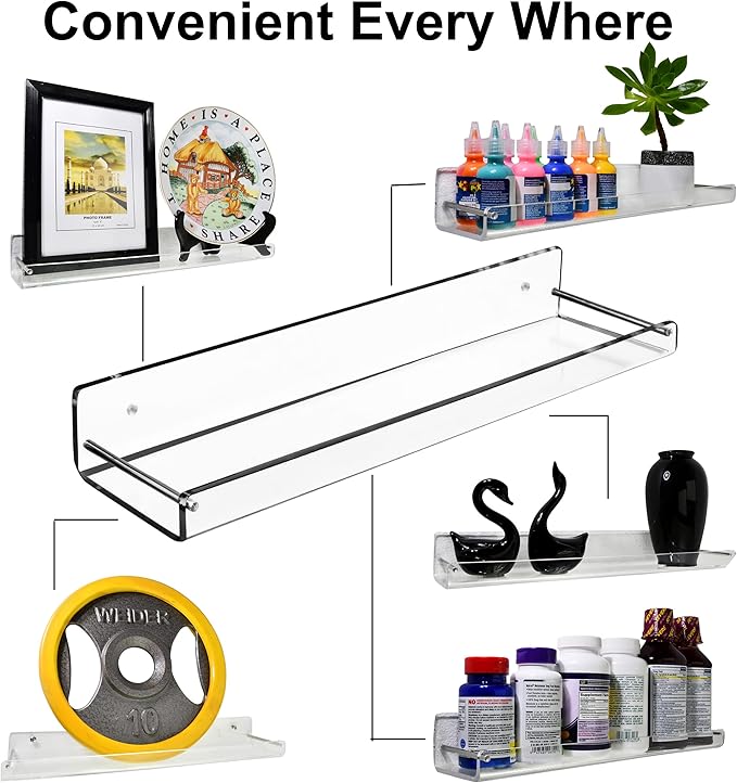 AMT 2 Pack Acrylic Floating Shelves, 15" L x 4" W, Clear Bathroom Wall, Bookshelves, Invisible Display for Office, Bedroom, Small Gap Allows Water to Escape, Free Screws & Drill Bit (L- New Model)