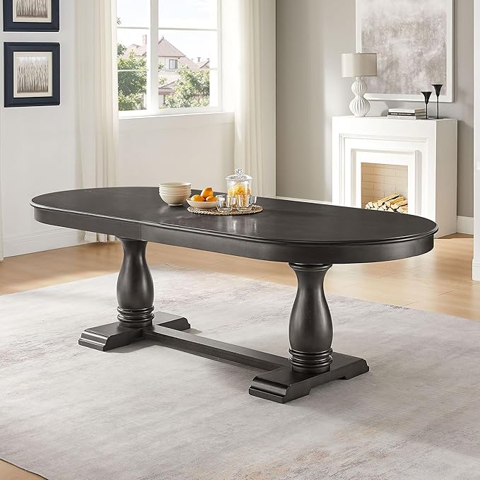 Mid-Century Modern Wooden Dining Table Extendable Oval Dining Table with 18" Leaf and Heavy Duty Column Legs, 76-inch Oversized Oval Wood Diningtable