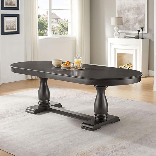 Mid-Century Modern Wooden Dining Table Extendable Oval Dining Table with 18" Leaf and Heavy Duty Column Legs, 76-inch Oversized Oval Wood Diningtable