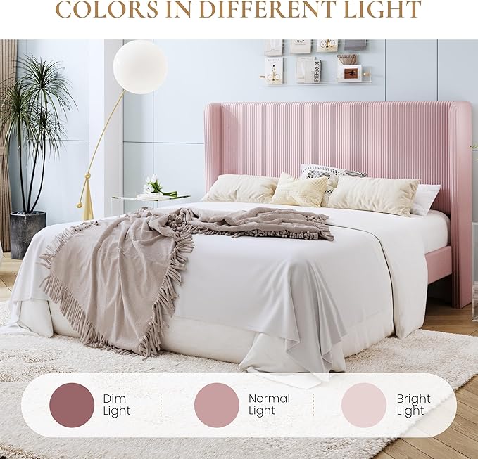 SHA CERLIN King Size Corduroy Upholstered Platform Bed Frame with Vertical Channel Tufted Wingback Headboard, 8" Under Bed Storage, Wooden Slats & Metal Frame Support, Easy Assembly, Light Pink