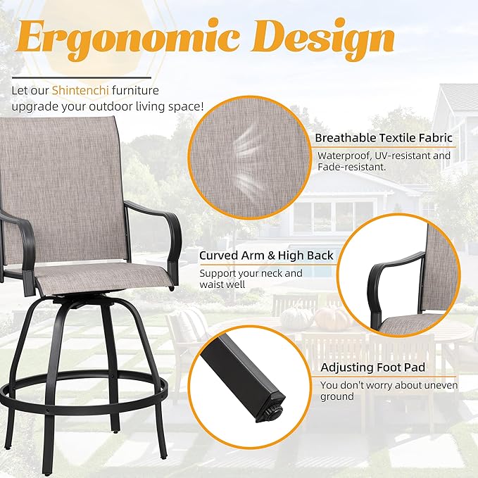 Shintenchi 4 Piece Patio Swivel Bar Chairs, All Weather Textile Outdoor Metal Bar Stools Patio Chairs Set of 4 with High Back, High Top Bistro Set Furniture for Balcony, Backyard, Garden, Deck, Taupe