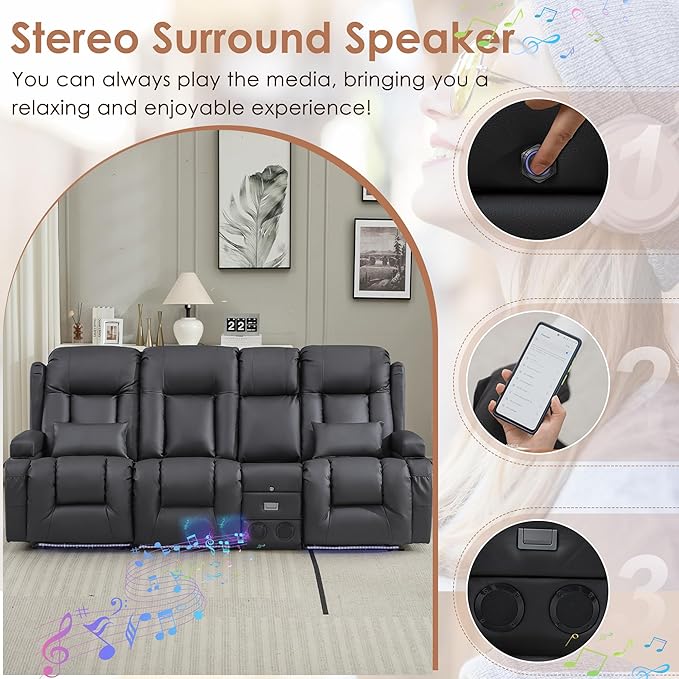 TUNYI Wall Hugger Loveseat Recliner Sofa with Console, Power Reclining Loveseat RV Couch with Massage & Heat/USB/Outlet/Storage/LED Light/Speaker (Light Grey, 3 Seat with Console)