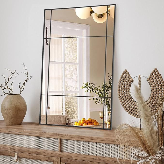 Muzilife 30x47 Black Rectangular Window Mirror, Large Windowpane Tempered Wall Mirror, Window Pane Grid Mirrors with Hand Polished Metal Frame, Vertically for Wall Decor, Half-Pane