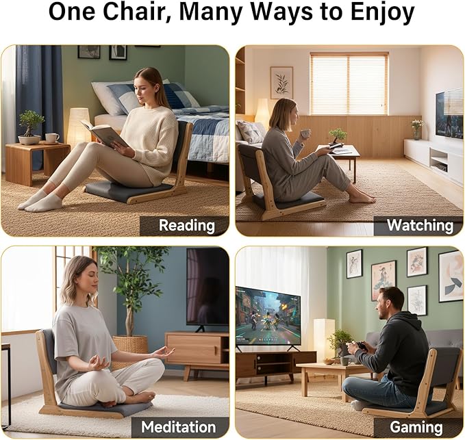 Tiita Floor Chair with Back Support, Foldable Meditation Tatami Chairs, Backrest Chair with Cushion, Living Room Chair Seat 4 Pack, Wood Dark Grey