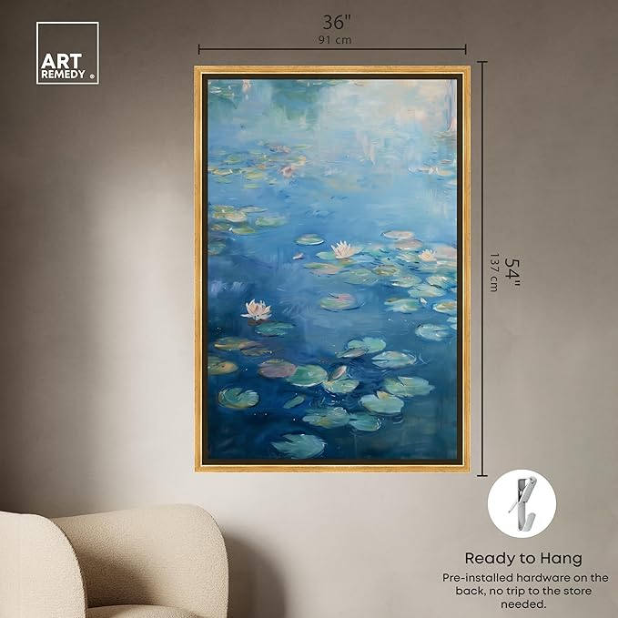 Art Remedy Lilypads In Blues Framed Impressionism 1 Piece Canvas Wall Art/Monet And Van Gogh Inspired Art, 37.5" x 55.5", Gold Frame