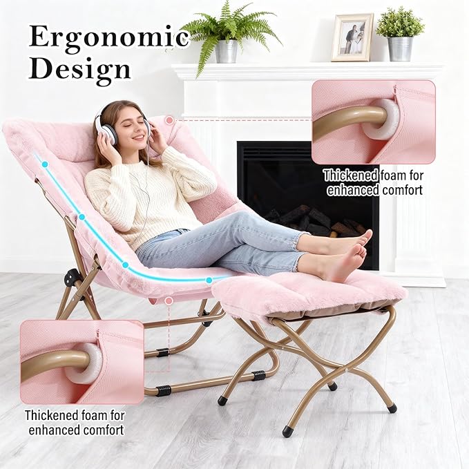 Dorm Chair with Ottoman, X-Large Soft Saucer Chair, Oversized Folding Faux Fur Accent Chair, Foldable Metal Frame Chair for Bedroom, Living Room (Pink)