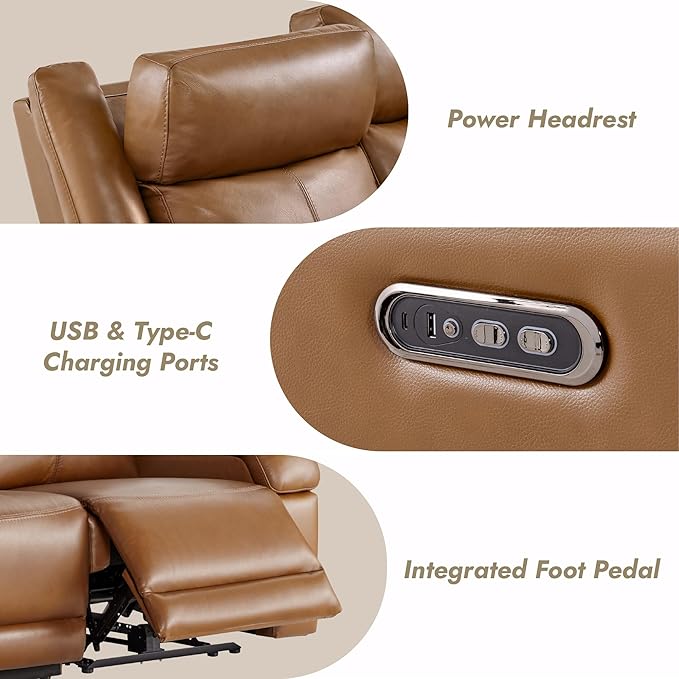 Watson & Whitely Genuine Leather Power Loveseat Recliner Sofa, 2 Seat Wall Hugger Reclining Sofa with Power Headrest & Charging Ports, Dual Recliner Sofas for Living Room, RV, Saddle Brown