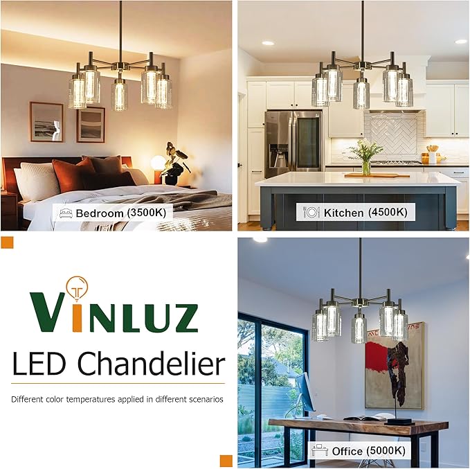 VINLUZ LED 5 Light Modern Chandeliers for Dining Room,Brushed Nickel Finish Hanging Lighting Fixture with Crystal Bubble Clear Glass Shade Kitchen Island for Hanging