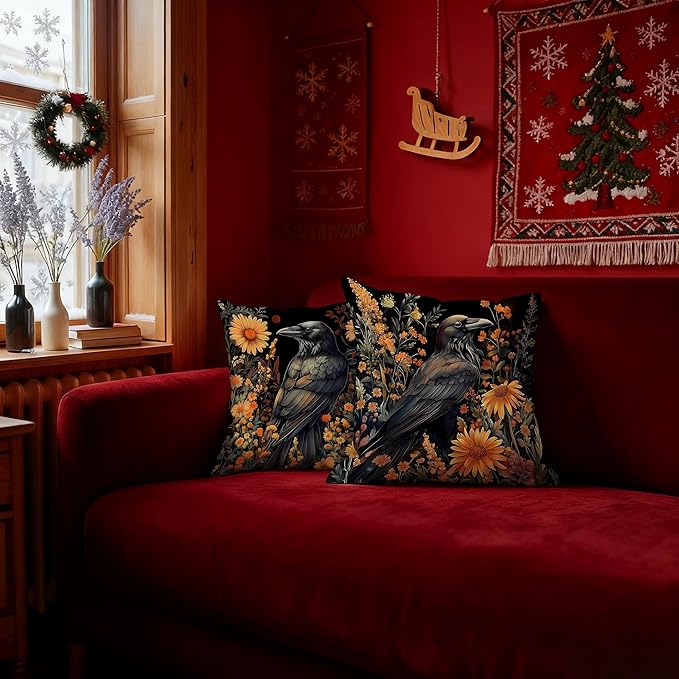 William Morris Inspired-Vintage Floral Crow Pillow Covers 18x18 Set of 2,Dark Vintage Cottagecore Decor,Moody Rustic Wildflower Botanical Raven Decor Pillow Covers for Home Living Room Bedroom
