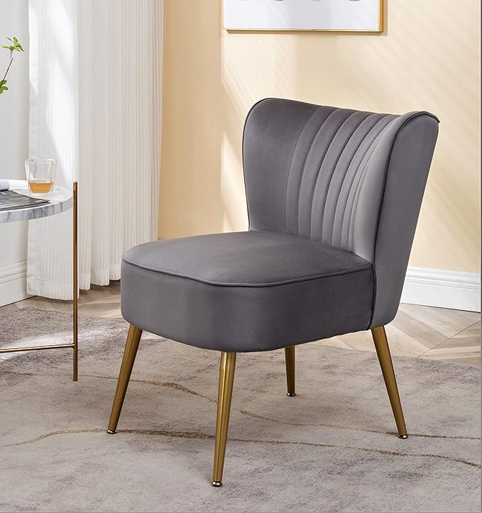 Modern Velvet Accent Chair for Living Room, Bedroom, or Entryway, Stylish and Comfortable Armless Design with Metal Legs, Grey