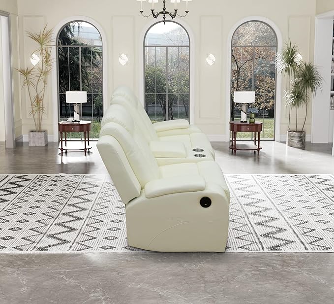 Air Leather Loveseat Power Recliner Sofa, 3 Seat Reclining Sofa with Drop Down Table,Reading Light, LED Lighting&USB Port (Cream White)