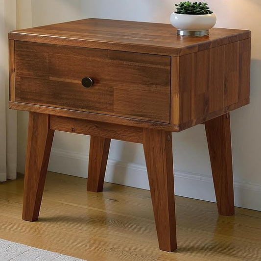 Acacia Sofia Nightstand with Drawer, Bedside Table, Solid Wood Bedside End Table with Drawer and Storage Space for Bedroom, Walnut