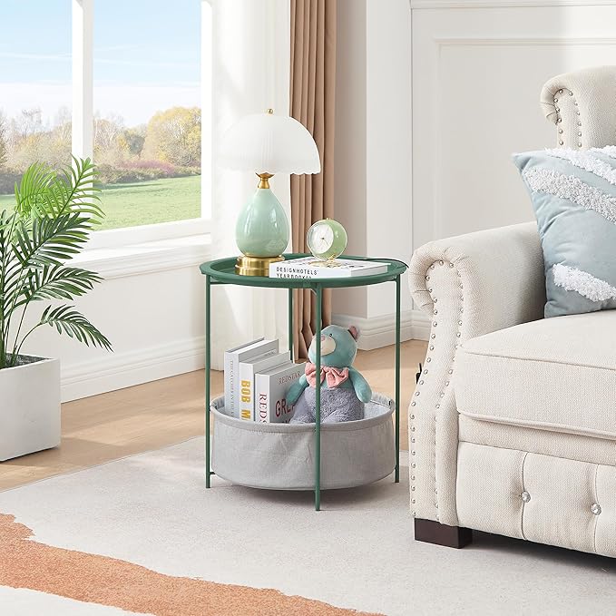 VECELO Round Side/End Table with Fabric Storage Basket，Metal Anti-Rust and Waterproof Small Bedside Nightstand with Removable Tray Top for Living Room，Balcony & Laundry，Dark Green /1pcs with Basket