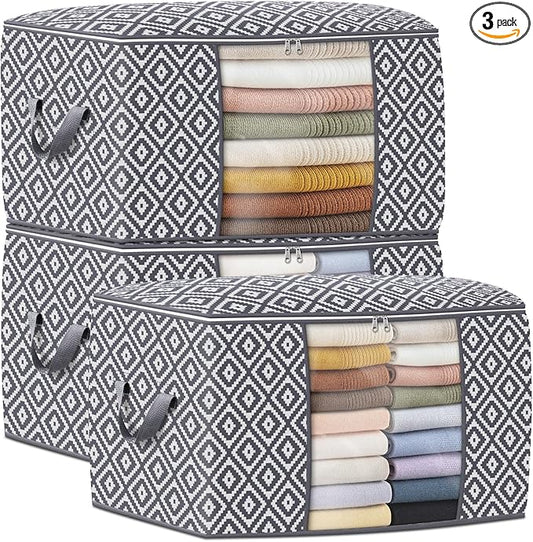 Direct 100L, 3 Pack, Storage Containers, Large Clothes Storage Bins Foldable Organization and Storage Bags with Reinforced Handle, Clear Window for Bedding, Blankets, Clothing, Grey