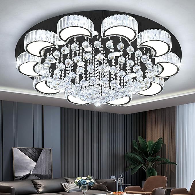 40'' Black Modern Crystal Chandeliers for Dining Room LED Dimmable Light Fixtures Flush Mount Light Living Room Bedrooms