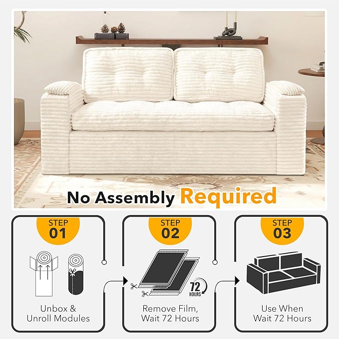 Boneless Loveseat, 2 Seater Deep Seat Loveseat Sofa with Wide‑Wale Corduroy for Small Spaces & Living Room, 60” Width, No Assembly, Washable Cover, Beige