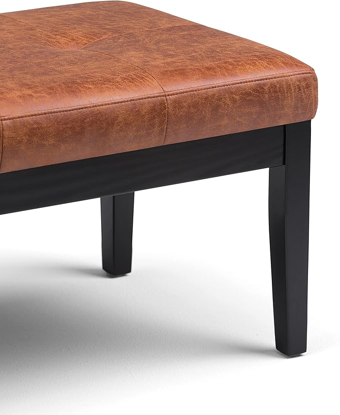SIMPLIHOME Lacey Tufted Ottoman Bench - 41 inch Wide Upholstered Vegan Leather Rectangle Ottoman in Distressed Saddle Brown, Contemporary Bench for Bedroom or Entryway with Stitching Detail, Assembled