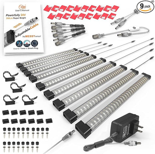 EBD Under Counter Lights Touch LED Under Cabinet Lighting Built-in 18” Adjustable Cable, Splitter & 3 External Cable, 9 Pcs 3000K Warm White 3150Lm Kitchen Under Cabinet Lights