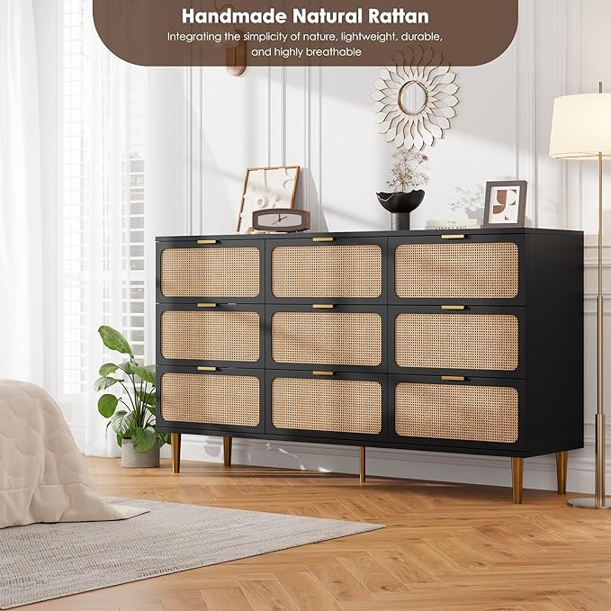 GarveeHome Rattan 9 Drawer Dressers for Bedroom, Tall Dresser with Deep Drawers, Large Chest of Drawers for Closet with Wide Top, Long Wooden Dresser for Living Room, Hallway, Kids Room, Black