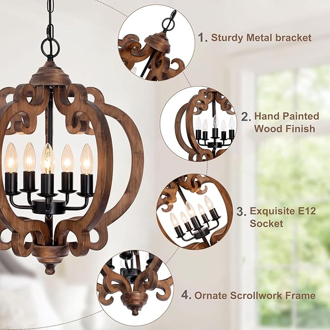 17.72'' Farmhouse Wood Chandelier, 5-Light Rustic Dining Room Light Fixture, Farmhouse Hanging Pendant Lighting, Vintage Orb Chandeliers for Kitchen Island Foyer Living Room Bedroom