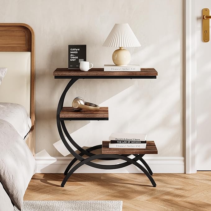 LITTLE TREE End Table, Narrow End Table with 3 Storage Shelves, Industrial C-Shaped Small Sofa Side Table for Living Room, Wood Slim Snack Table with Black Metal Frame, Rustic Brown