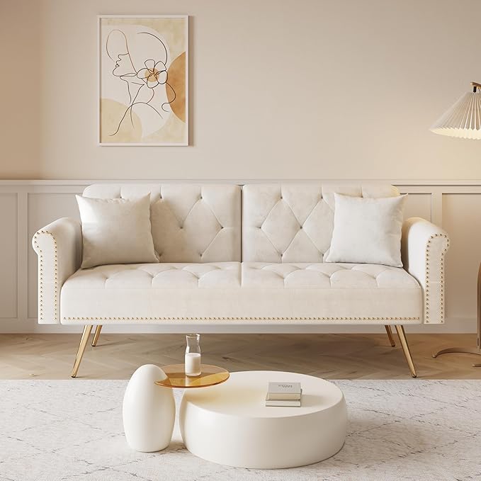 Convertible Futon Sofa Bed , Adjustable Sleeper Couch Modern Velvet Tufted Recliner Reversible Loveseat Folding Daybed Guest Bed Sofacama w/ Nailhead Trim and Golden Metal Legs for Living Room Office
