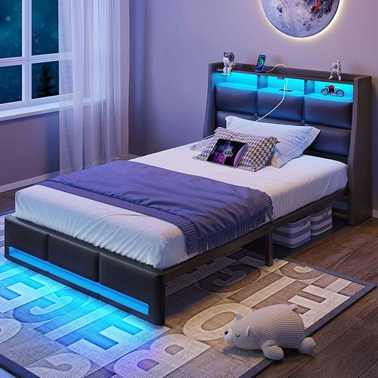 Rolanstar Twin Size Bed Frame with LED Lights and Charging Station, Upholstered Headboard with 2-Tier Storage Shelves, Heavy Duty Metal Frame, Noise-Free Support, Easy Assembly, No Box Spring Needed