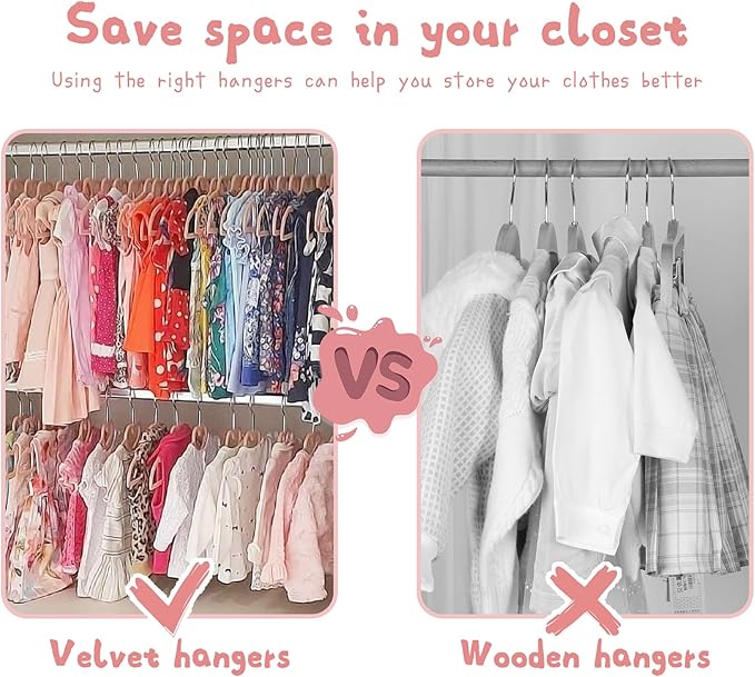 GOSCHE Baby Velvet Hangers 50 Pack, 11 inch Non Slip Kids Hanger for Infant & Toddler Clothes, Durable Ultra-Slim Closet Organizers, Pink, 50 Pack