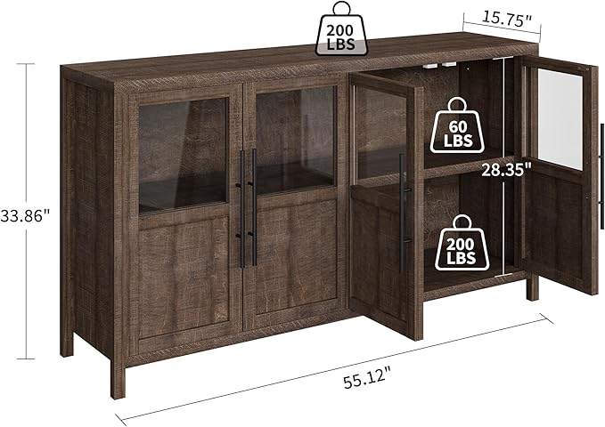 GarveeHome Sideboard Buffet Cabinet with 4 Glass Doors, 55 in Buffet Table Coffee Bar Wine Bar Display Cabinet for Kitchen Dining Room, Living Room (Glass with 4 Doors, Brown)