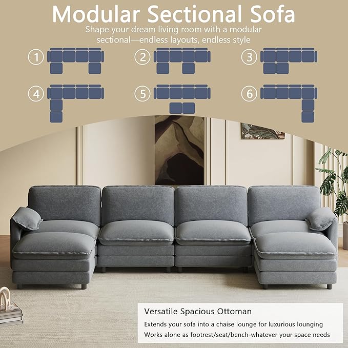 150" U Shaped Cloud Couch Sectionals Comfy Grey Sectional Couches for Living Room Modern Fluffy Oversized Modular Sofas, Chenille Large Big 6 Seat Sofa Set