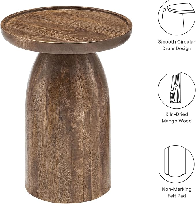 Modway Holloway Solid Mango Wood Side End Table in Walnut – Contemporary Wooden Accent Table for Living Room – Small Round Plant Stand or Pedestal Drink Table