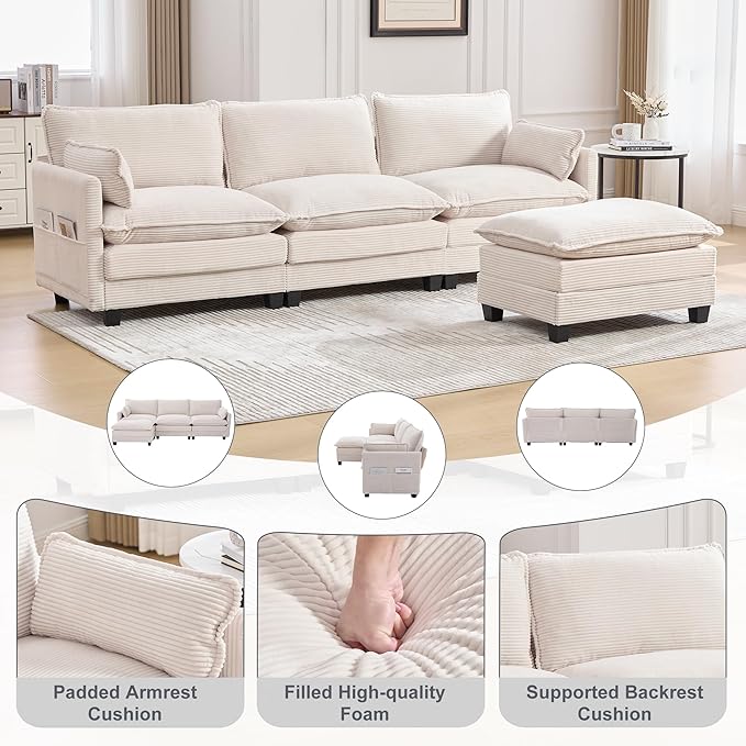 103" Oversized Modular Sectional Sofa Couch with Reversible Ottoman, Free Combination Convertible Corner Couch,Corduroy Upholstered Cloud Sectional Couch with Side Pockets | Multiple Cushions, DIY Combination, Removable Cover