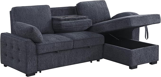 ERYE L-Shaped Pull Out Sleeper Sofa Bed, Modern Chenille Upholstered Button Tufted Corner Reversible Sleeper Sectional Sofa Couch with Storage Chaise, Drop-Down Table, Cup Holders and Charging Ports