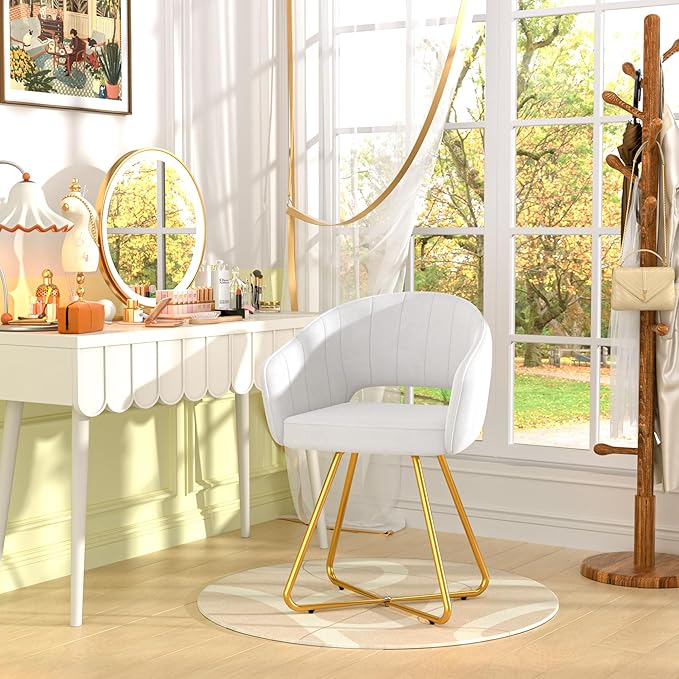 VECELO Velvet Accent Chair, Luxury Vanity & Dining Chair with Gold Cross Base, 360°Swivel Upholstered Armchair for Living Room, Bedroom, Home Office, Pearl White