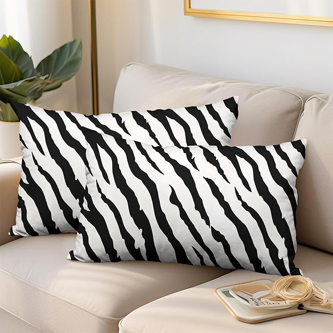 Zebra Pillow Covers Zebra Striped Pattern Rectangle Pillow Case 12x20 Black and White Lumbar Throw Pillow Covers for Bedroom Living Room Sofa Set of 2