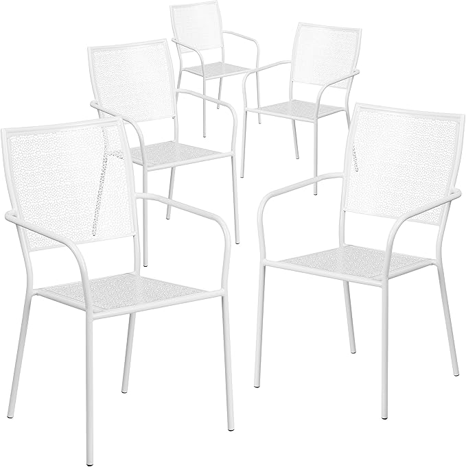 Flash Furniture Oia Commercial Grade 5 Pack White Indoor-Outdoor Steel Patio Arm Chair with Square Back