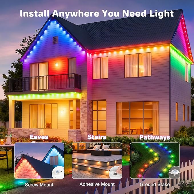 Permanent Outdoor Lights for House, 60 LED 100ft RGBIC Eaves Lighting, Year-Round Smart Lights for Patio Decor & Outdoor Parties, Game Day, Easter, Holiday Decor