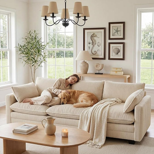 Gizoon 3 Seater Couches for Living Room, Cloud Sleeper Sofa with Double Cushion Corduroy Deep Seat Sofa Couches with 2 Pillows for Living Room Bedroom and Apartment,Pet-Friendly Fabric, Beige