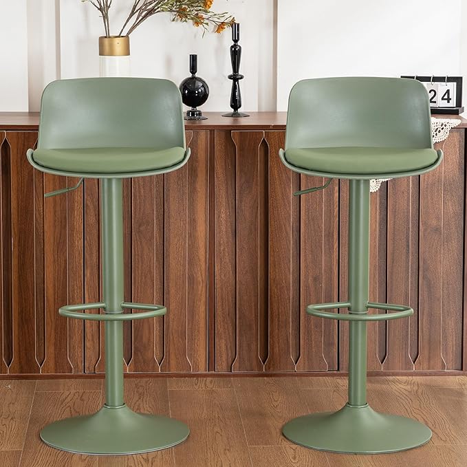 Kidol & Shellder Bar Stools Set of 2 Olive Green Adjustable Swivel Counter Height Stools, Modern PU Leather Upholstered with Back Solid Color Barstools for Kitchen Island