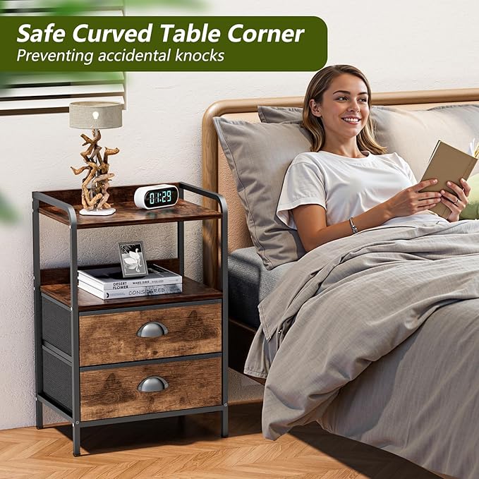Night Stand with 2 Fabric Drawer and Sturdy Metal Frame, Lightweight & Durable -55LB Load Capacity, Wear-Resistant & Easy-Clean Surface,Rustic Brown Modern