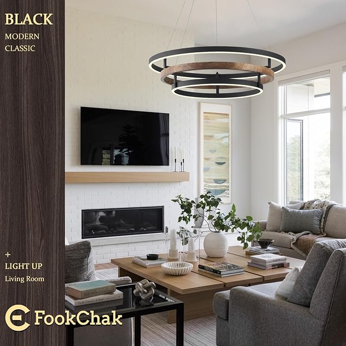 Modern LED Chandelier Black Wood Dimmable 3-Ring Foyer Entry Chandeliers Light 24in Dining Room Chandelier Light Fixture for Kitchen Home Office Living Room