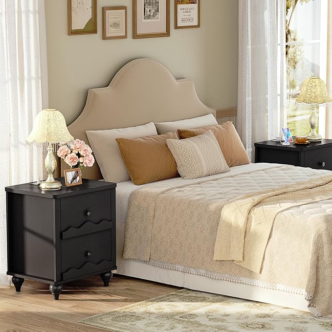 Cyclysio Black Nightstand with Charging Station Set of 2, Scalloped Bedside Table with 2 Smooth Drawers, Modern End Table with Solid Wood Legs for Bedroom and Small Spaces