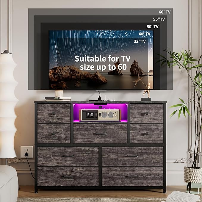 Dresser for Bedroom with 9 Drawers, Grey Storage Organizer TV Stand for 55" TV with LED Lights and Sockets, Fabric Chest of Drawers with PU Finish for Kid Room, Entryway, Living Room, Hallway