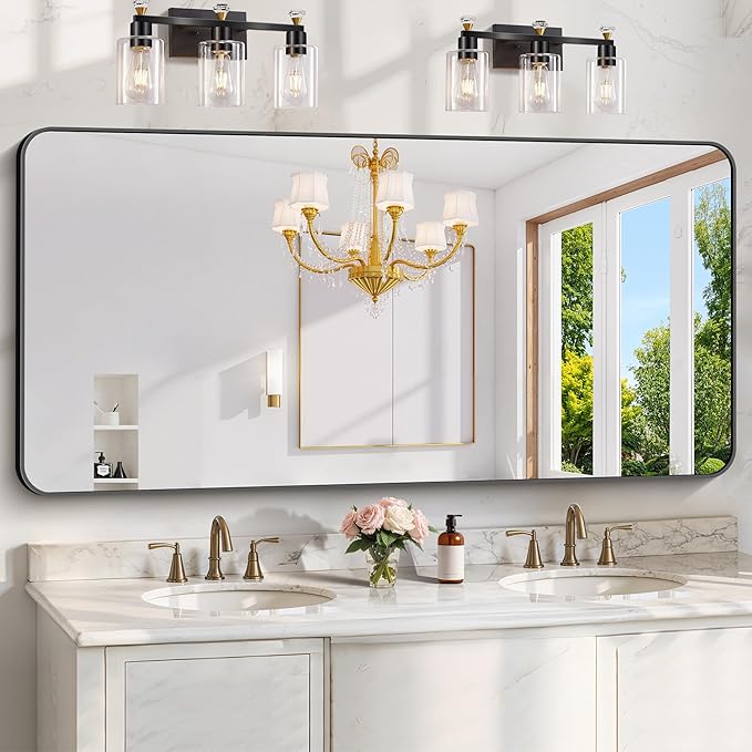 KOCUUY 60"x30" Large Rectangle Vanity Mirror, Black Metal Frame Mirror with Rounded Corner, Modern Design of Upgraded Shatterproof Glass for Bathroom, Bedroom, Living Room, Entryway