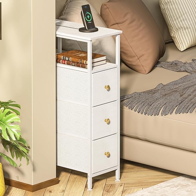 Fixwal Small Nightstand Narrow White Dresser with Charging Station, Skinny Nightstand with 3 Fabric Drawers, Dorm Silm Bedside Table for Small Spaces Bathroom, Bedroom, Laundry