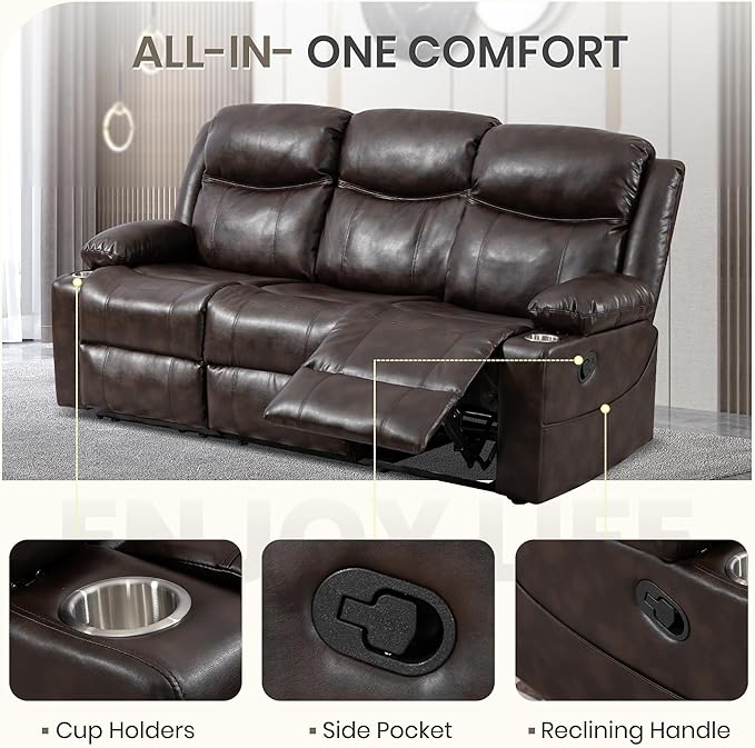 Manual Reclining 3-Seater Sofa with Heat & Massage, PU Leather Recliner Couch for Living Room, Faux Leather Upholstery, Deep Cushions & Sturdy Frame (Brown)
