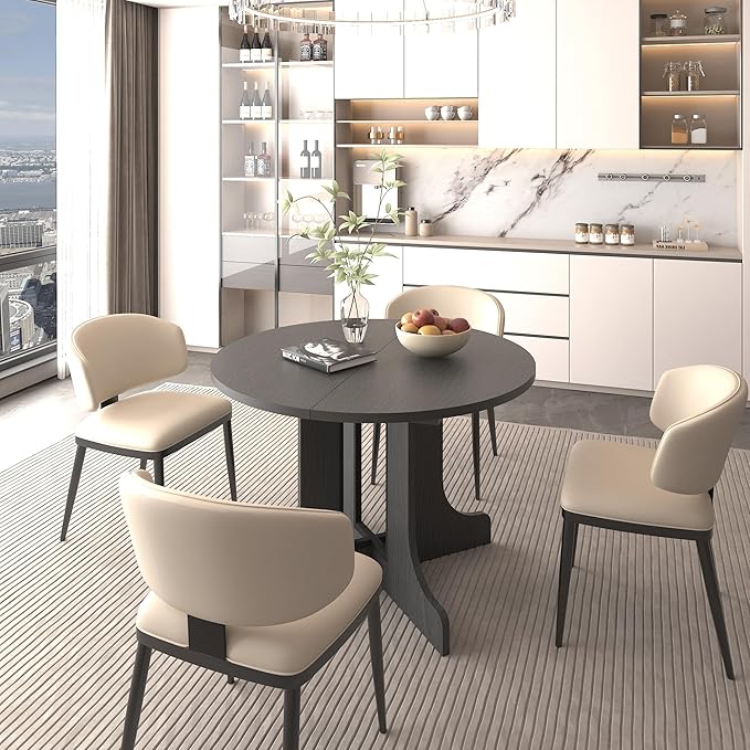Ball & Cast Extendable Round Dining Table for 4-6,43.3-59" Transformer Kitchen Table W/Removable Leaf Trestle & X-Shaped Base,Modern Oval Extendable Dining Room Table for Small Space,Black
