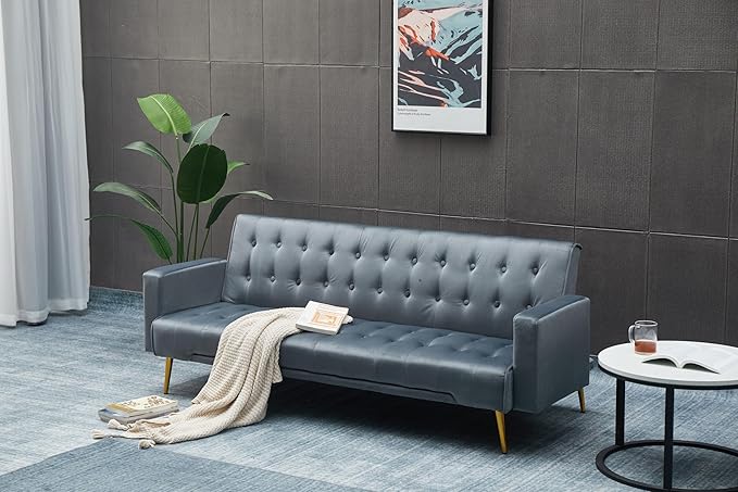 Eafurn Convertible Futon Sofa Bed, 75″Velvet Fabric Futons Loveseat Couch with Adjustable Backrest, Folding Sleeper Recliner Daybed for Living Room Furniture | Golden Legs, Wood Frame